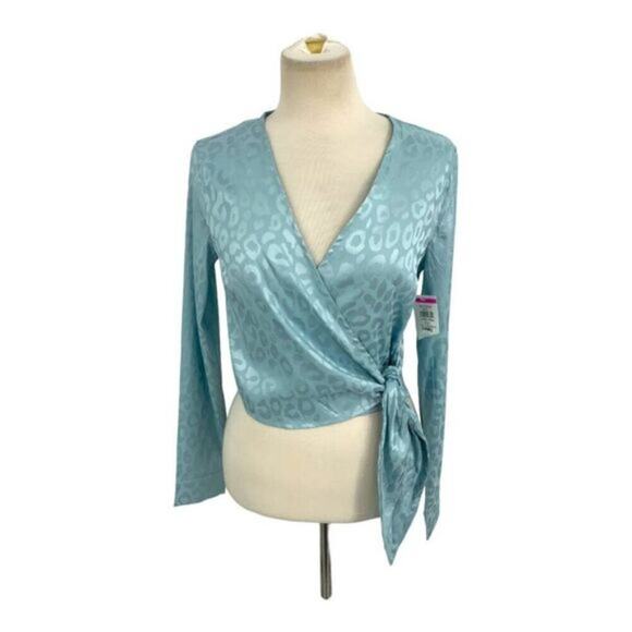 Something New Mia Satin Long Sleeve Wrap Top Blue Size Medium NWOT $40 MSRP - Picture 2 of 8